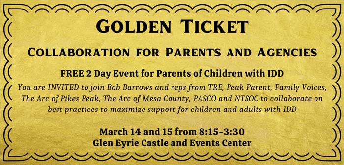 Golden ticket graphic for event for parents of children with IDD